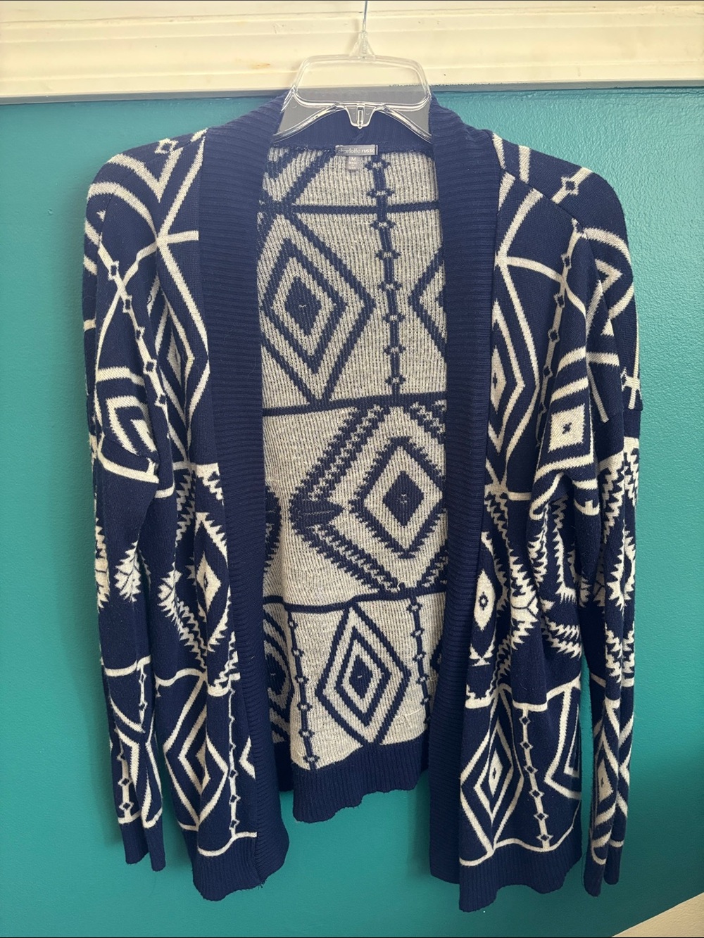 Charlotte Russe Navy and Cream Geometric Open-Front Cardigan